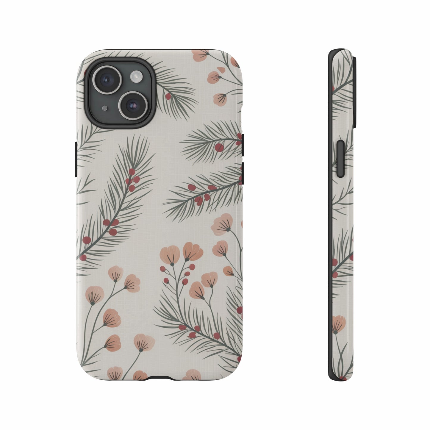 Phone case with delicate floral and berry pattern on a light background.