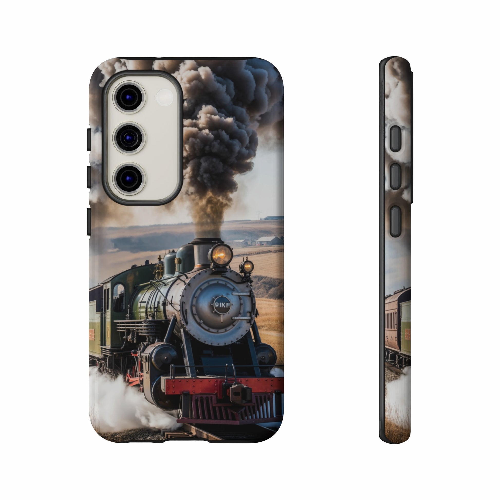 Steam train with billowing smoke, seen from front and side views.