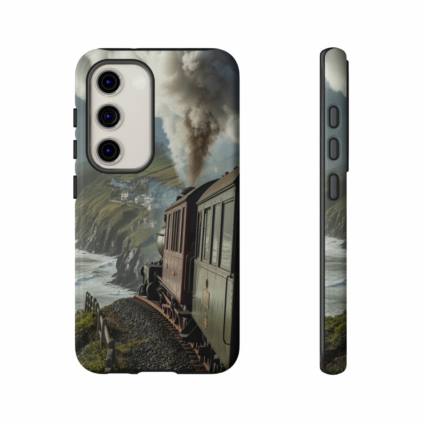 Steam train on a coastal track, seen from the side and back.