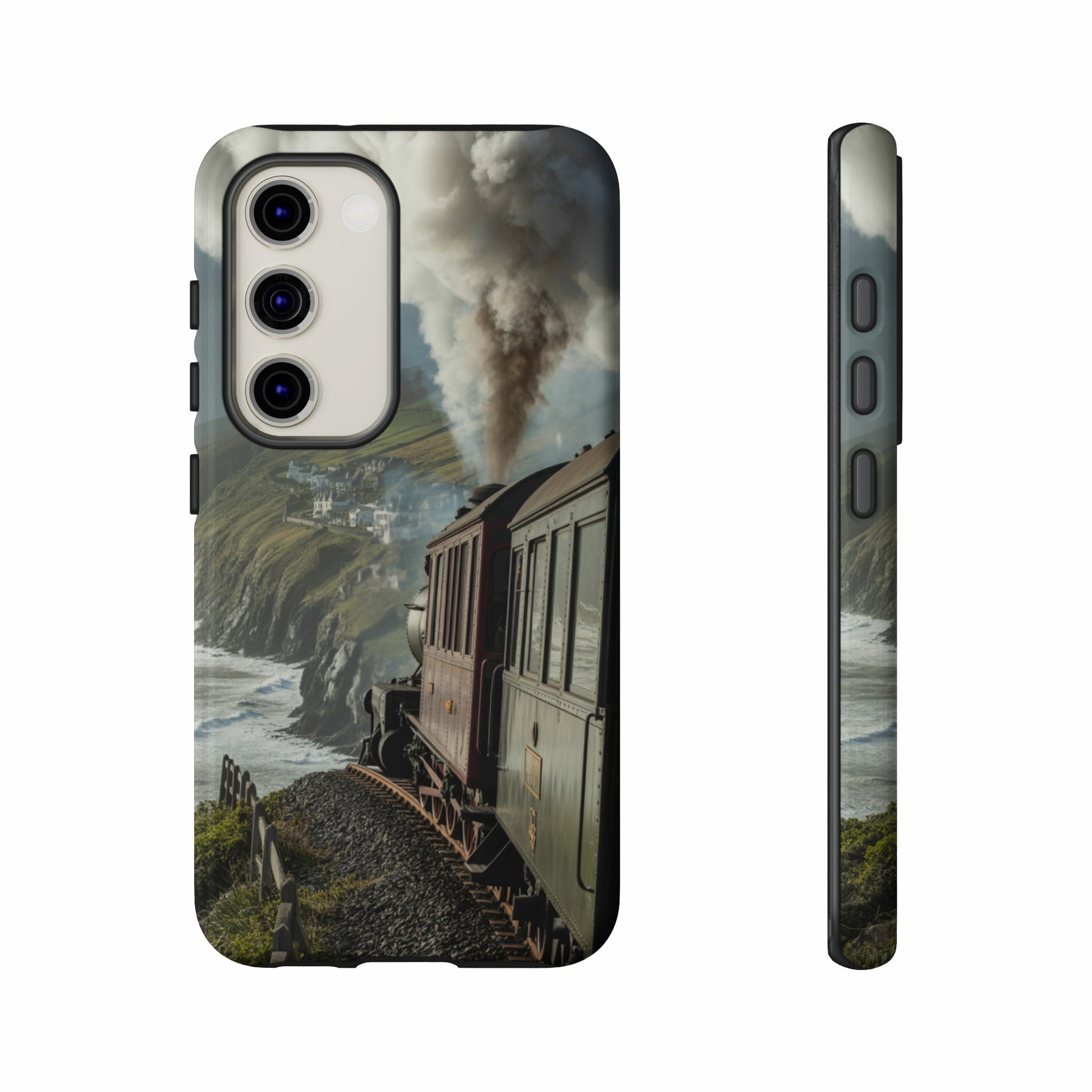 Steam train on a coastal track, seen from the side and back.