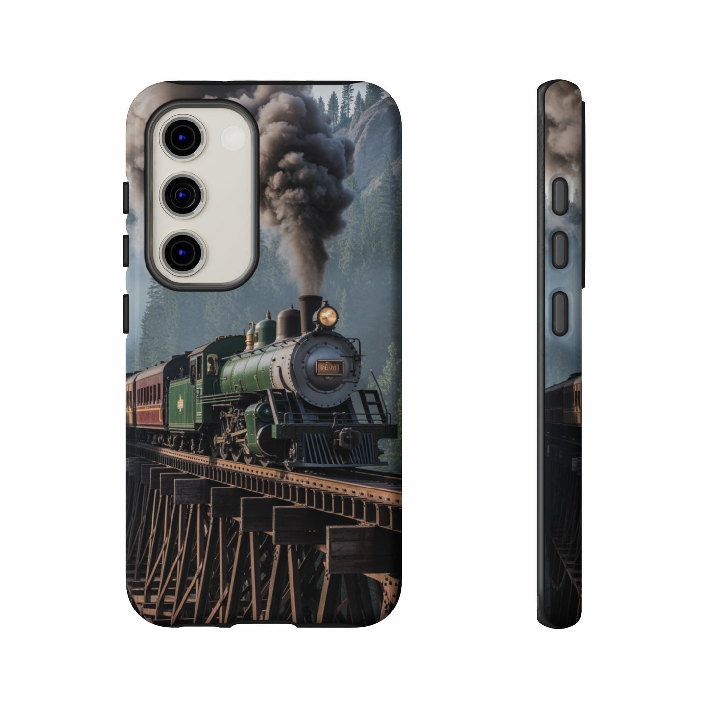 Green steam train on a bridge, mobile phone case displayed from front and side.