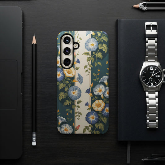 Phone case with blue and yellow morning glories on a dark green striped background.