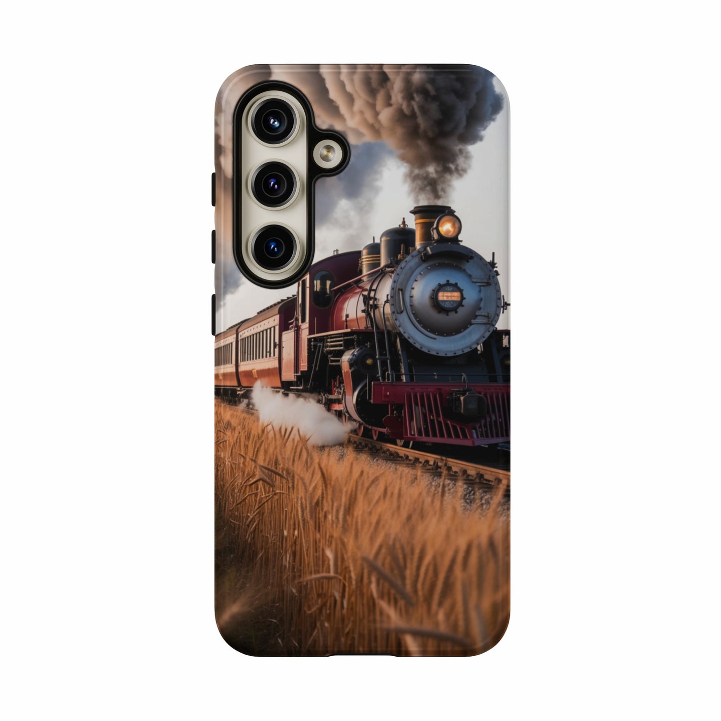 Vintage steam train traveling through a field of wheat.
