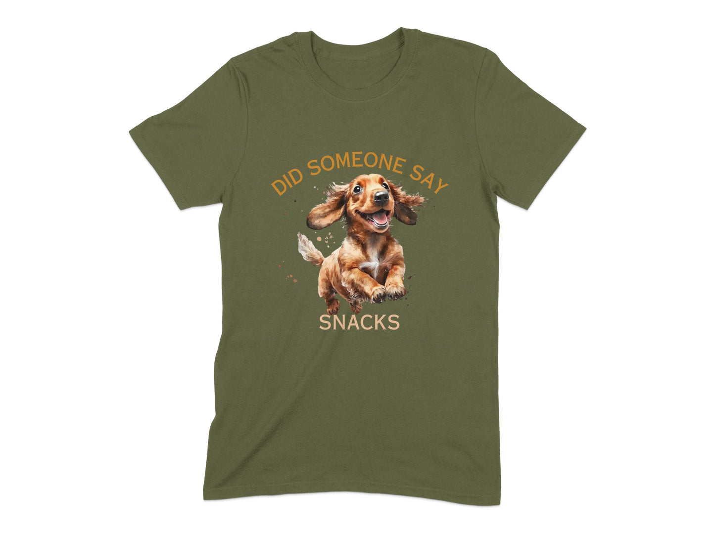 Dachshund running with "Did Someone Say Snacks" text.