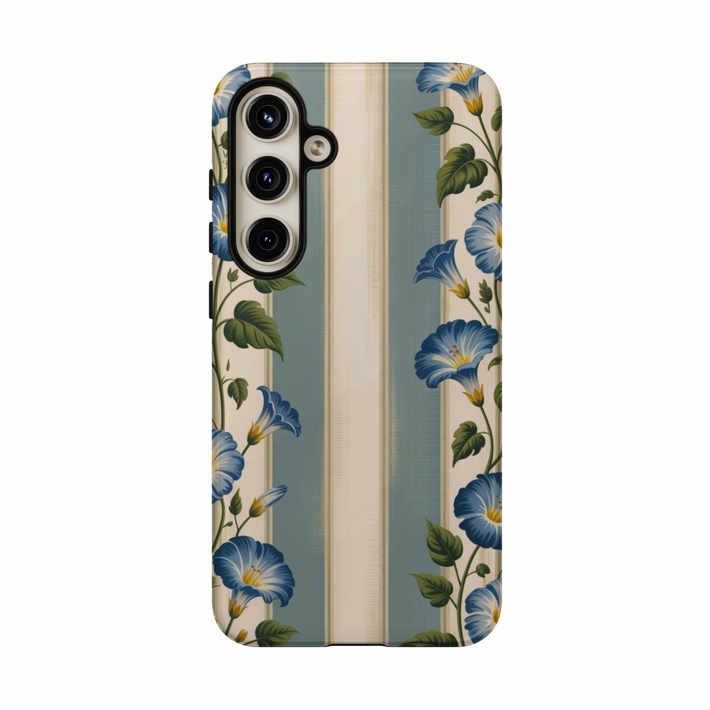 Floral phone case with blue morning glories and striped background.