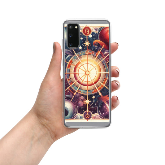 All 12 zodiac signs Samsung clear case with cosmic wheel design featuring Aries Taurus Gemini Cancer Leo Virgo Libra Scorpio Sagittarius Capricorn Aquarius Pisces astrology symbols
