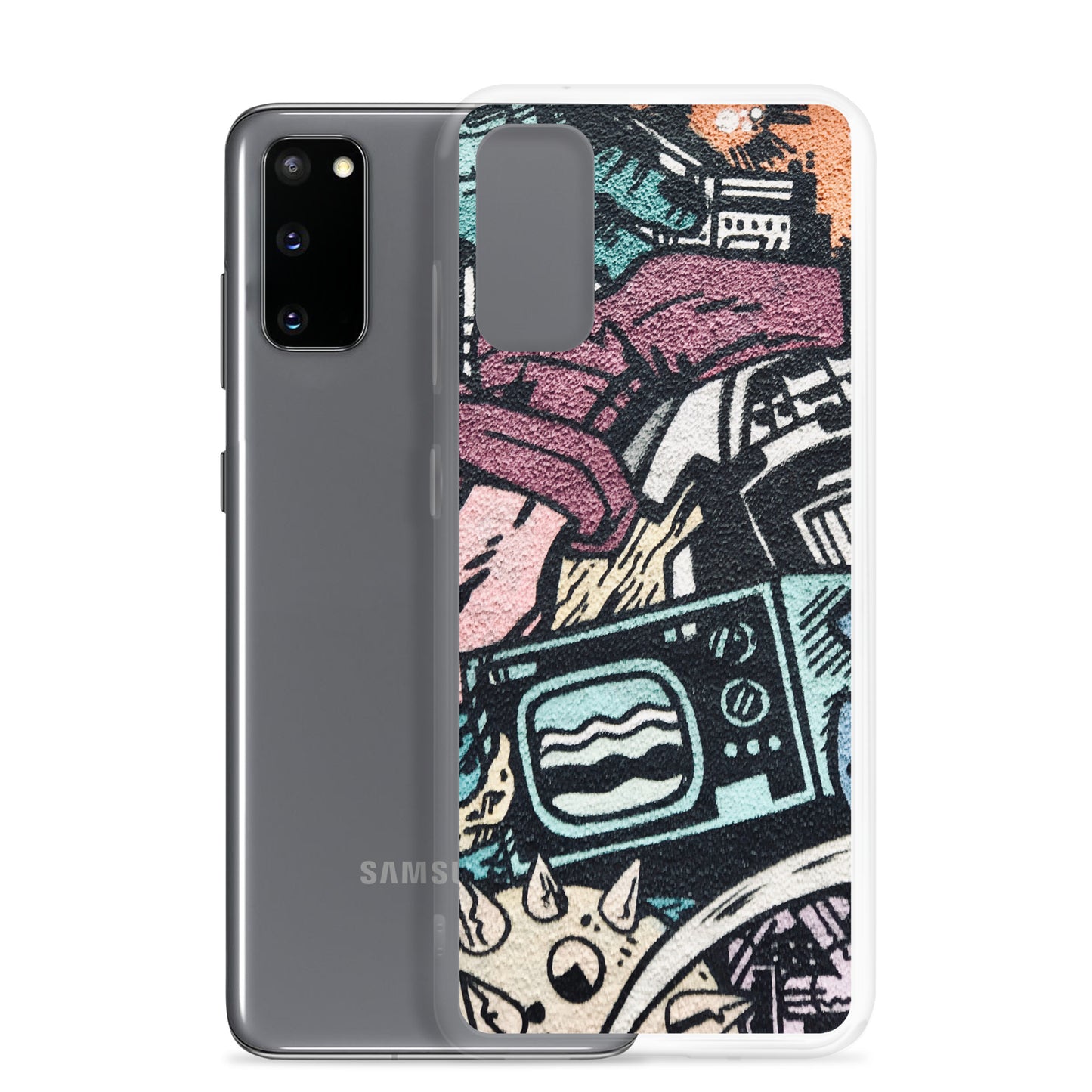 Retro TV Samsung clear case with vintage graffiti design 80s nostalgia colorful street art
