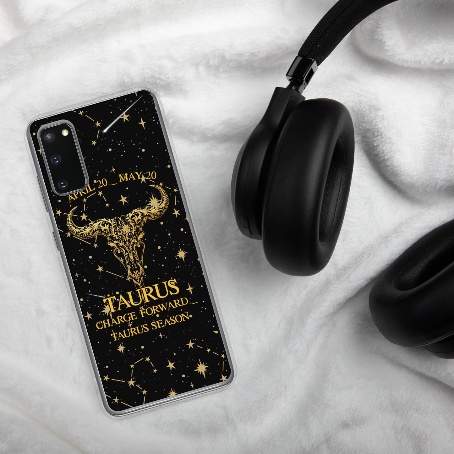 Taurus Zodiac Samsung Phone Case - Black with Gold Bull Skull and Celestial Design