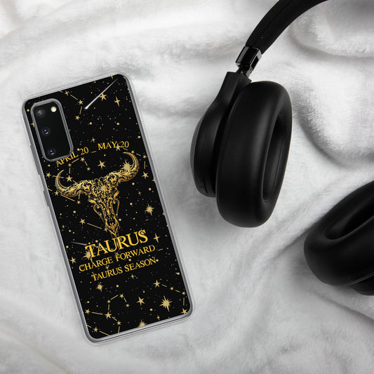 Taurus Zodiac Samsung Phone Case - Black with Gold Bull Skull and Celestial Design
