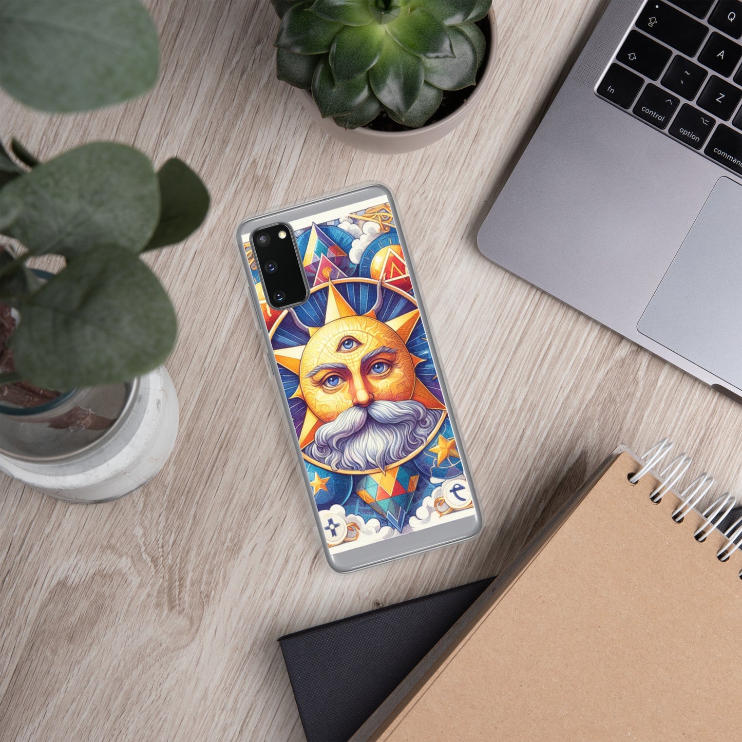 Sun and moon Samsung clear case with celestial stained glass design featuring cosmic balance astrology symbolism
