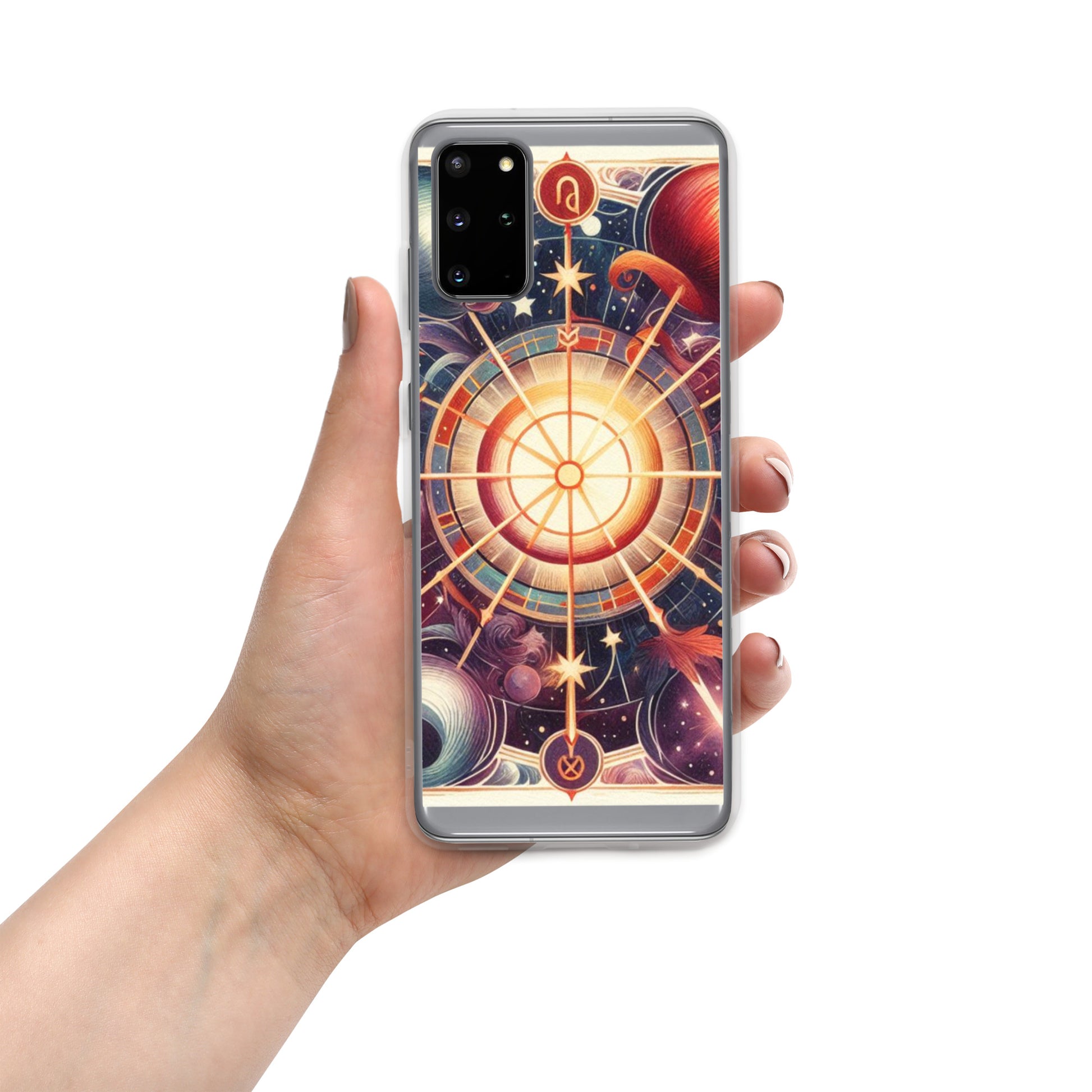 All 12 zodiac signs Samsung clear case with cosmic wheel design featuring Aries Taurus Gemini Cancer Leo Virgo Libra Scorpio Sagittarius Capricorn Aquarius Pisces astrology symbols

