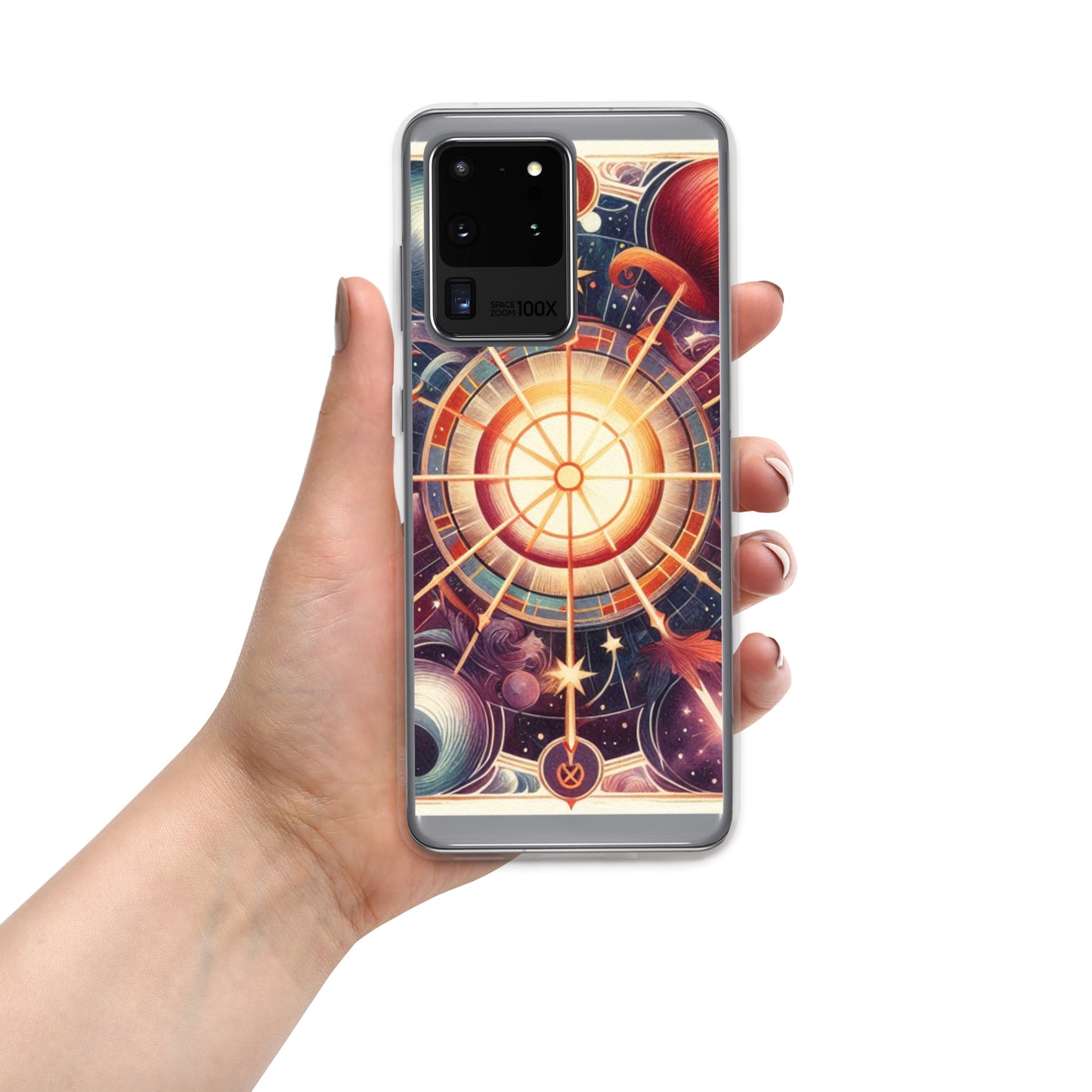 All 12 zodiac signs Samsung clear case with cosmic wheel design featuring Aries Taurus Gemini Cancer Leo Virgo Libra Scorpio Sagittarius Capricorn Aquarius Pisces astrology symbols
