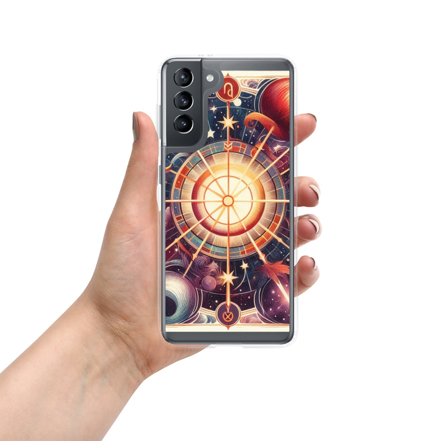 All 12 zodiac signs Samsung clear case with cosmic wheel design featuring Aries Taurus Gemini Cancer Leo Virgo Libra Scorpio Sagittarius Capricorn Aquarius Pisces astrology symbols
