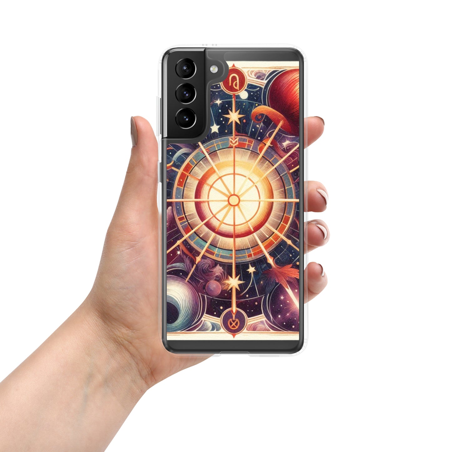 All 12 zodiac signs Samsung clear case with cosmic wheel design featuring Aries Taurus Gemini Cancer Leo Virgo Libra Scorpio Sagittarius Capricorn Aquarius Pisces astrology symbols
