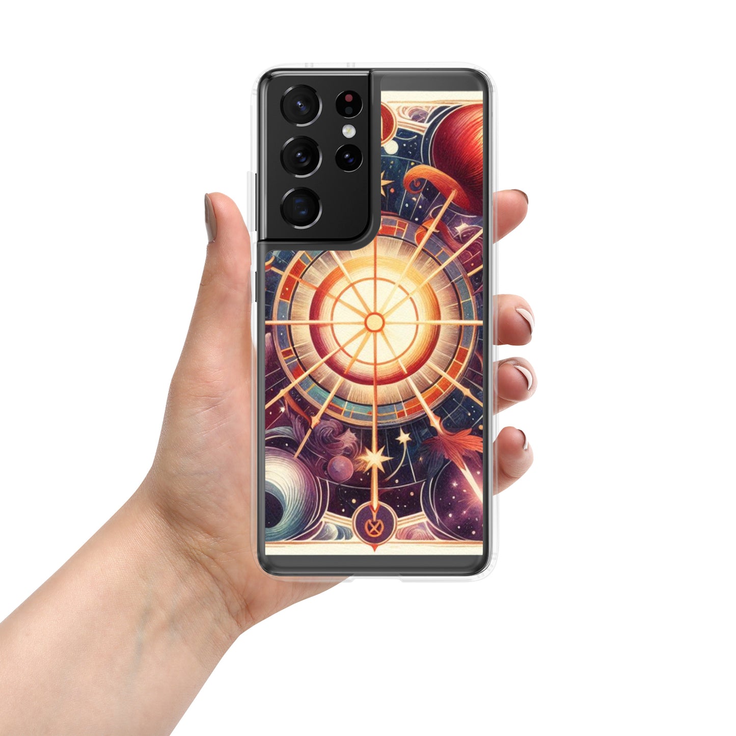 All 12 zodiac signs Samsung clear case with cosmic wheel design featuring Aries Taurus Gemini Cancer Leo Virgo Libra Scorpio Sagittarius Capricorn Aquarius Pisces astrology symbols
