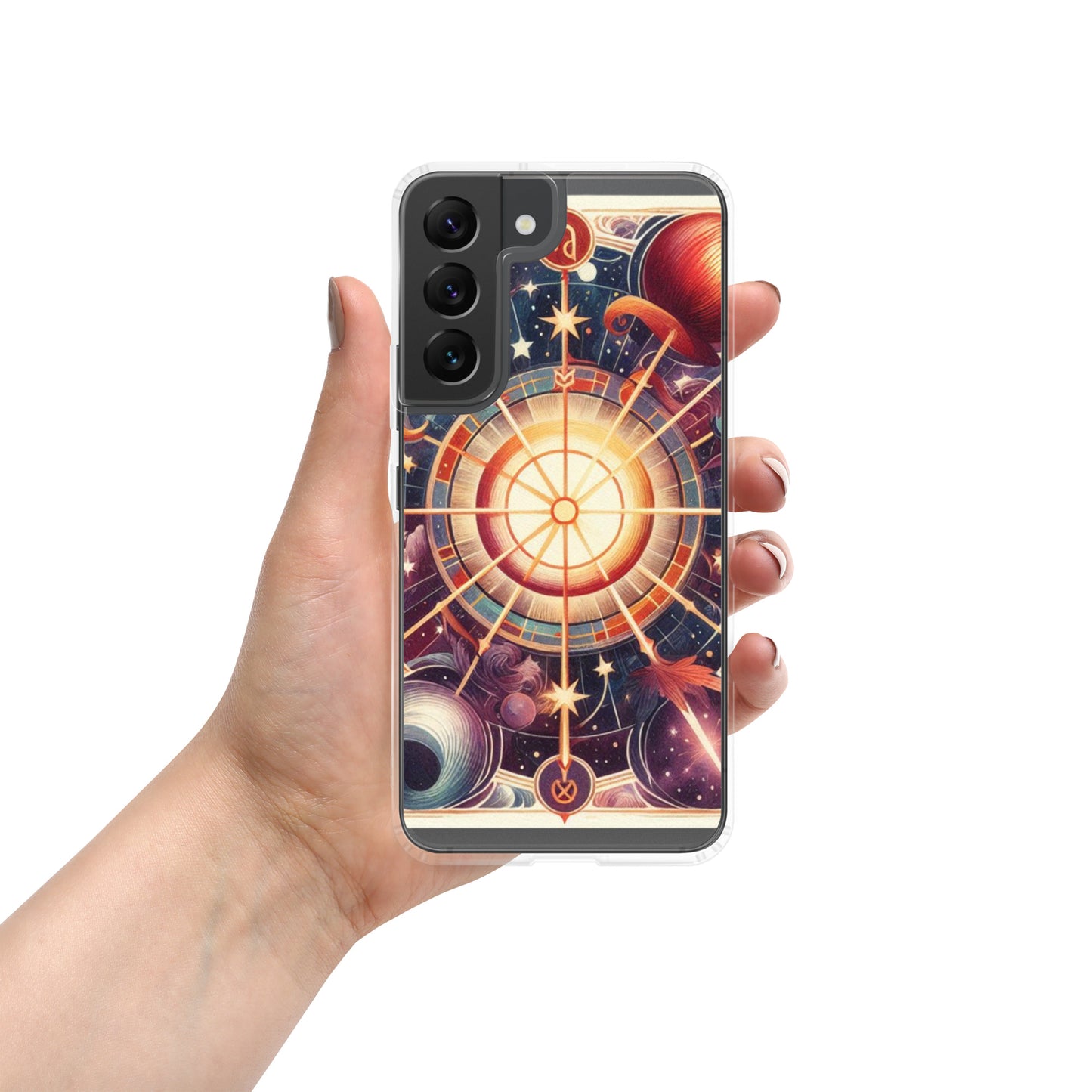 All 12 zodiac signs Samsung clear case with cosmic wheel design featuring Aries Taurus Gemini Cancer Leo Virgo Libra Scorpio Sagittarius Capricorn Aquarius Pisces astrology symbols
