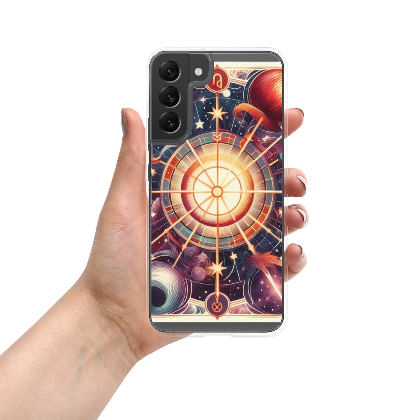 All 12 zodiac signs Samsung clear case with cosmic wheel design featuring Aries Taurus Gemini Cancer Leo Virgo Libra Scorpio Sagittarius Capricorn Aquarius Pisces astrology symbols

