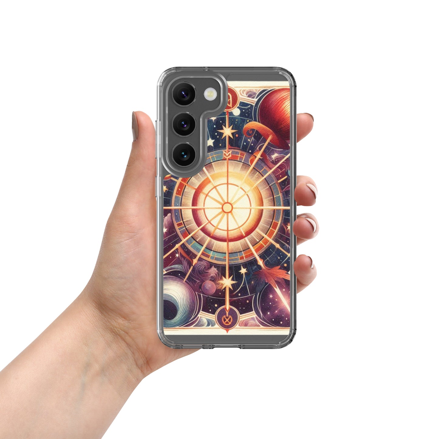All 12 zodiac signs Samsung clear case with cosmic wheel design featuring Aries Taurus Gemini Cancer Leo Virgo Libra Scorpio Sagittarius Capricorn Aquarius Pisces astrology symbols
