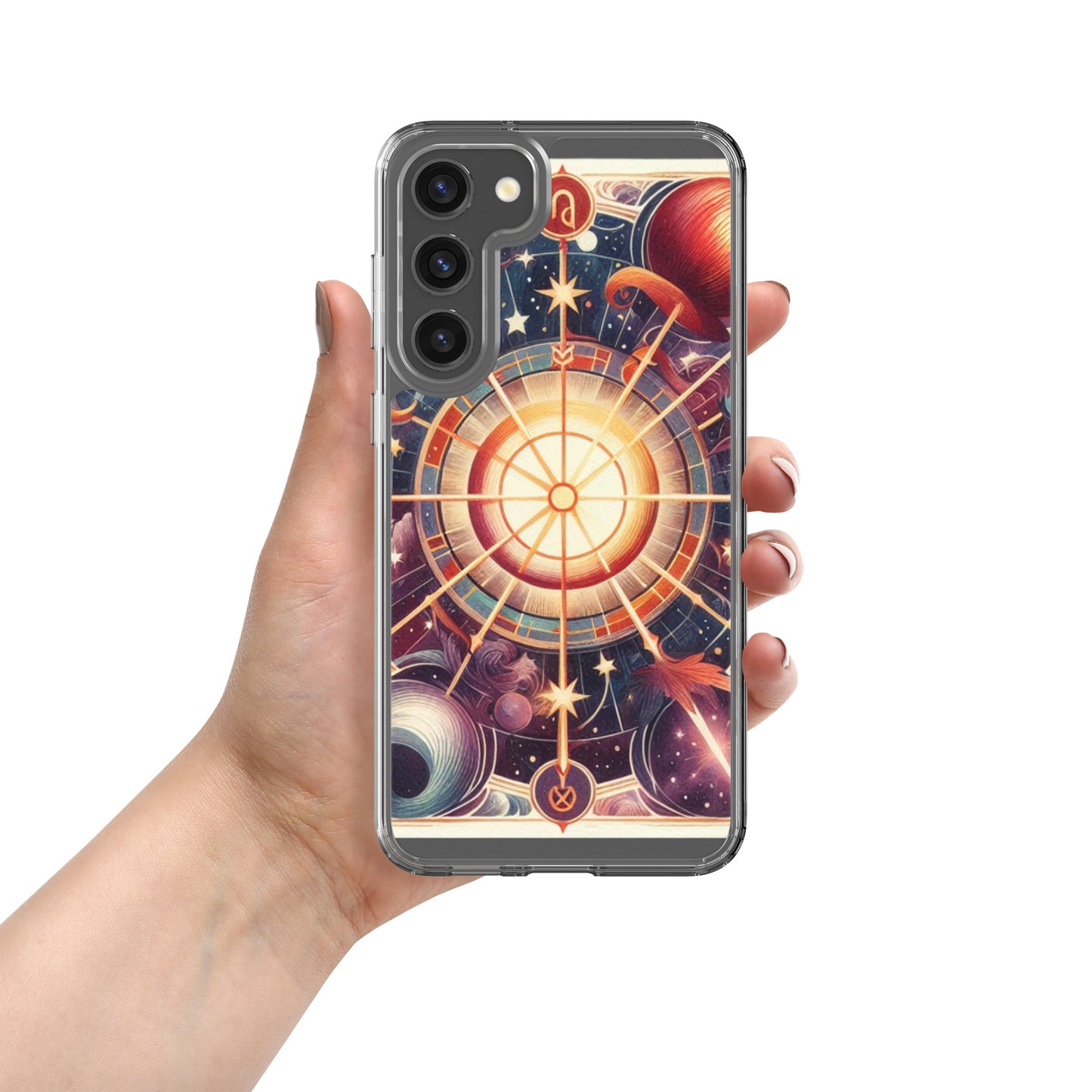 All 12 zodiac signs Samsung clear case with cosmic wheel design featuring Aries Taurus Gemini Cancer Leo Virgo Libra Scorpio Sagittarius Capricorn Aquarius Pisces astrology symbols
