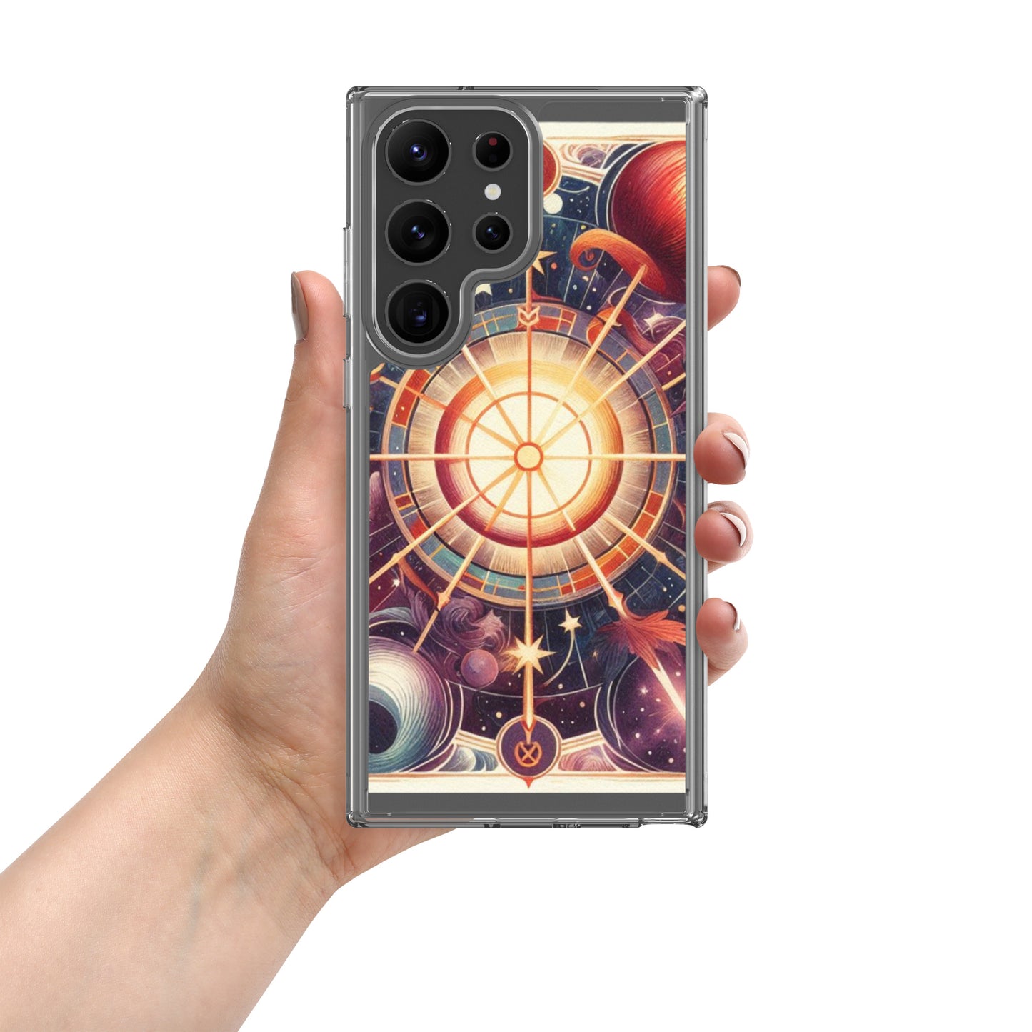 All 12 zodiac signs Samsung clear case with cosmic wheel design featuring Aries Taurus Gemini Cancer Leo Virgo Libra Scorpio Sagittarius Capricorn Aquarius Pisces astrology symbols
