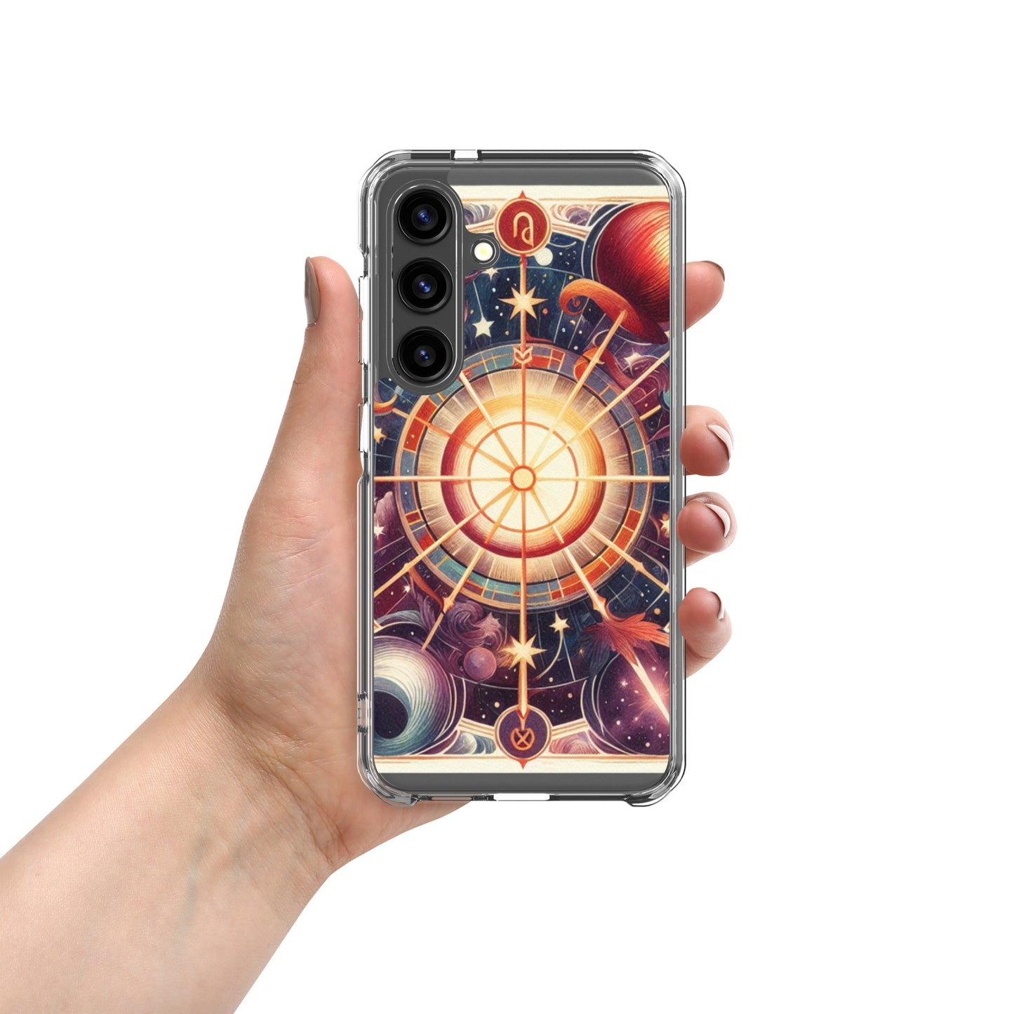 All 12 zodiac signs Samsung clear case with cosmic wheel design featuring Aries Taurus Gemini Cancer Leo Virgo Libra Scorpio Sagittarius Capricorn Aquarius Pisces astrology symbols

