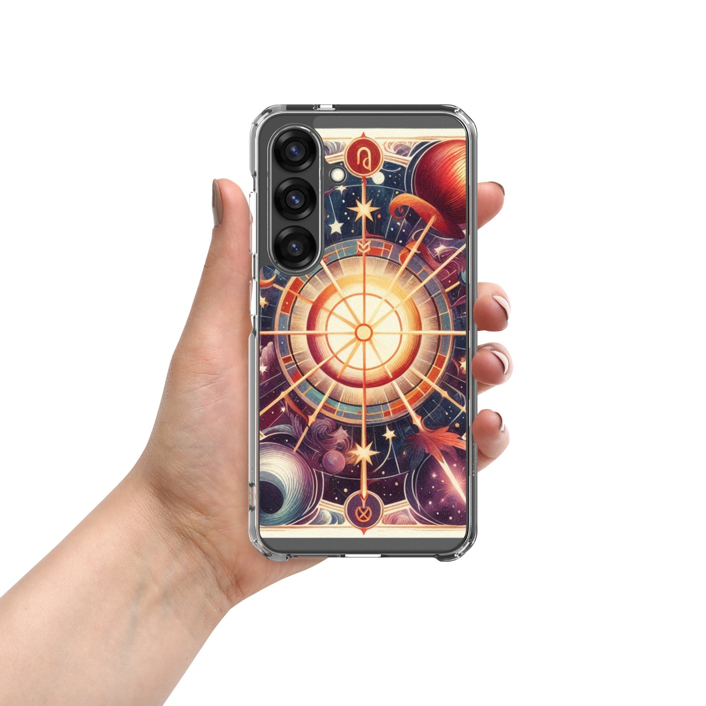 All 12 zodiac signs Samsung clear case with cosmic wheel design featuring Aries Taurus Gemini Cancer Leo Virgo Libra Scorpio Sagittarius Capricorn Aquarius Pisces astrology symbols
