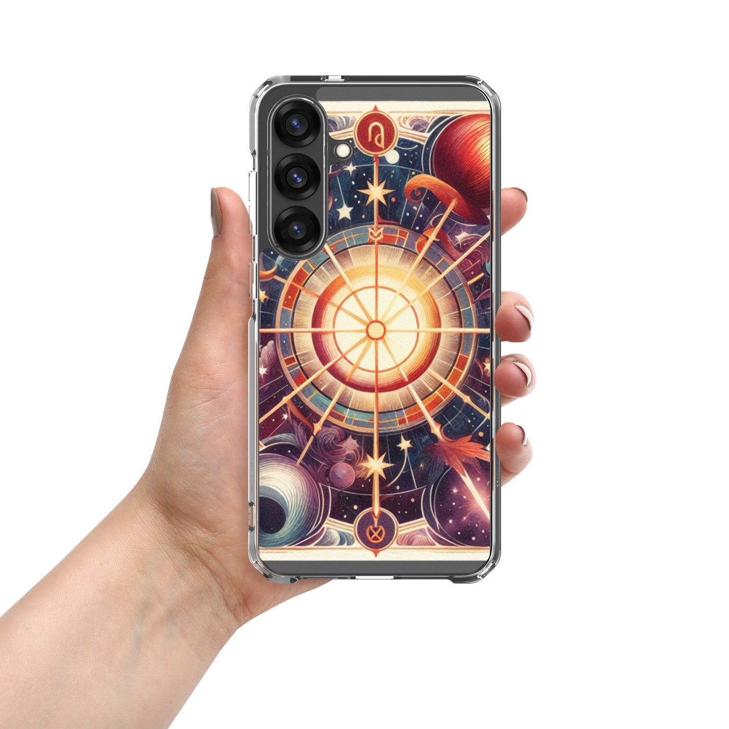 All 12 zodiac signs Samsung clear case with cosmic wheel design featuring Aries Taurus Gemini Cancer Leo Virgo Libra Scorpio Sagittarius Capricorn Aquarius Pisces astrology symbols
