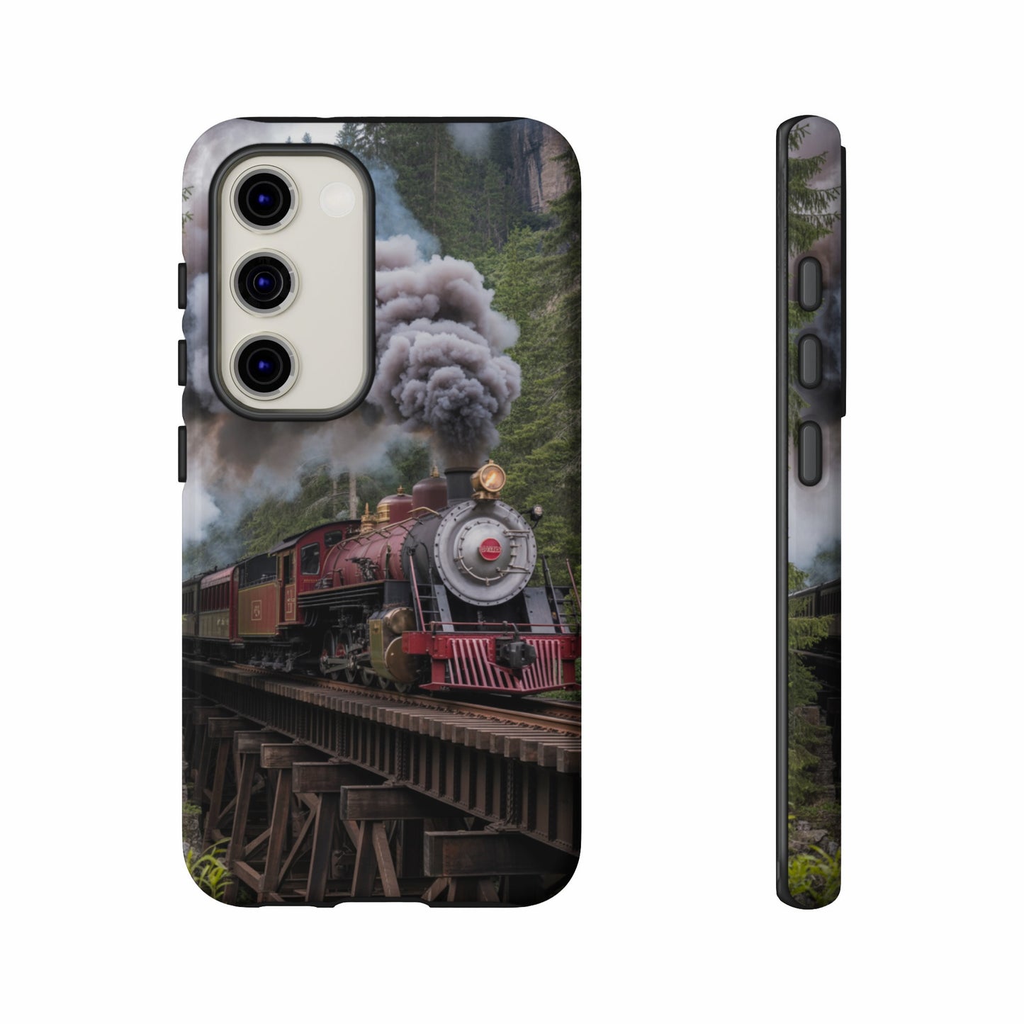 Red steam train crossing a wooden bridge through a forest.