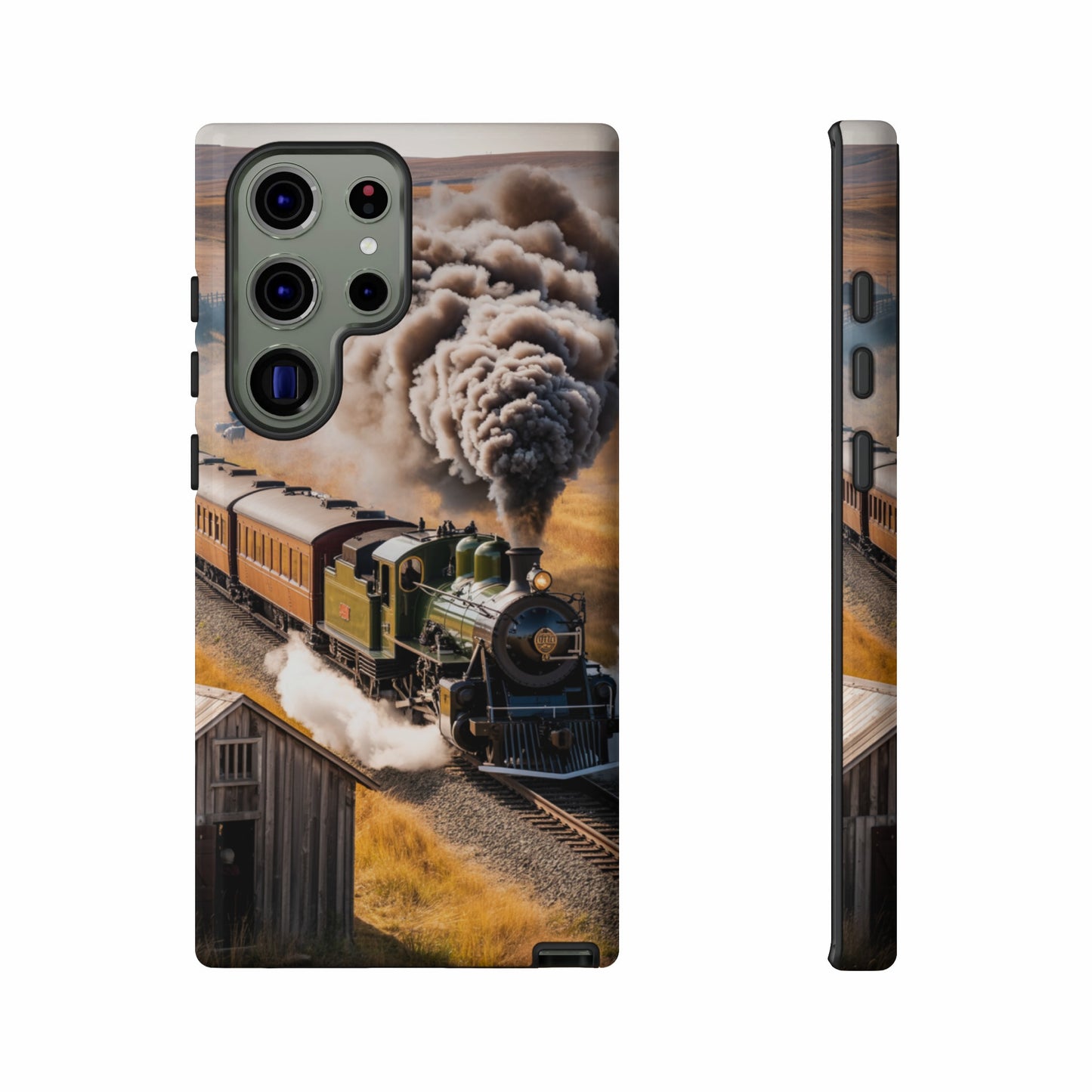 Steam train with billowing smoke, seen from the side and a close-up of the train's front.