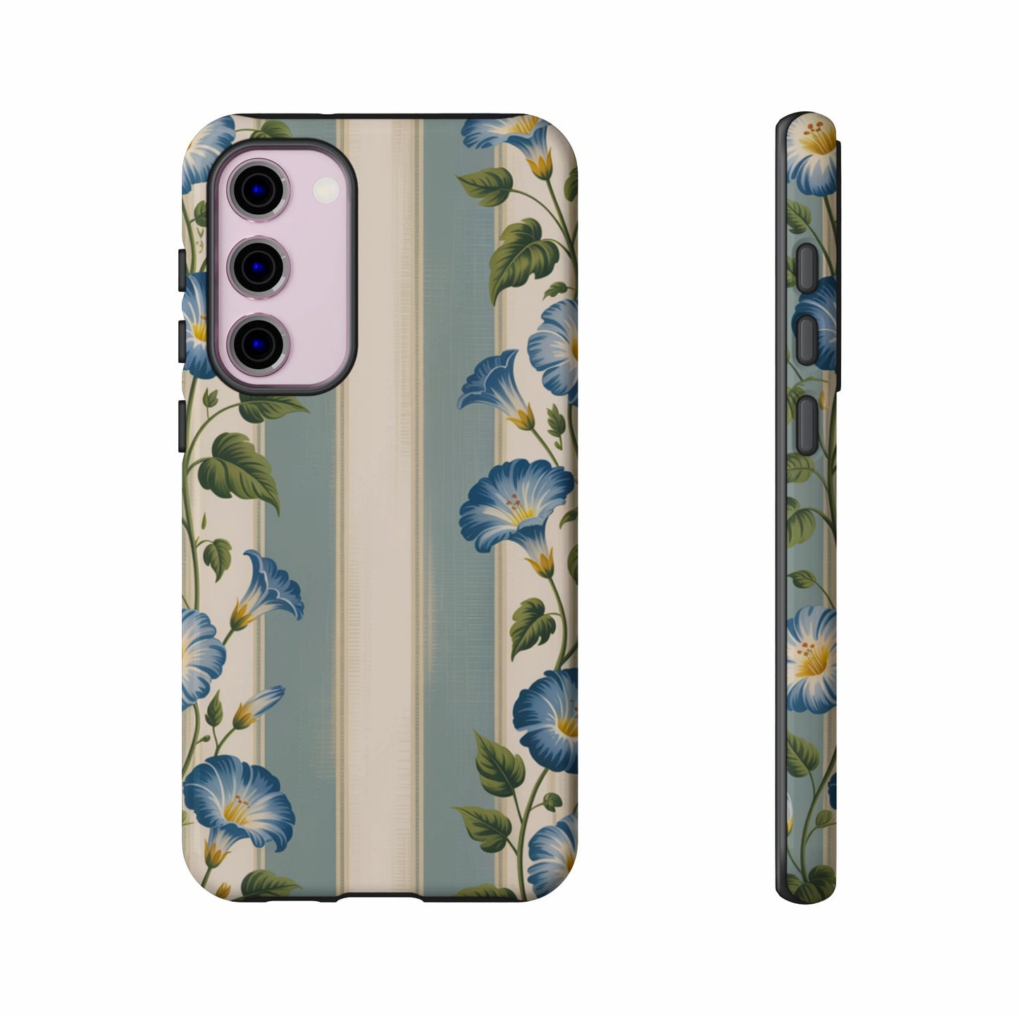 Phone case with blue floral pattern on striped background.