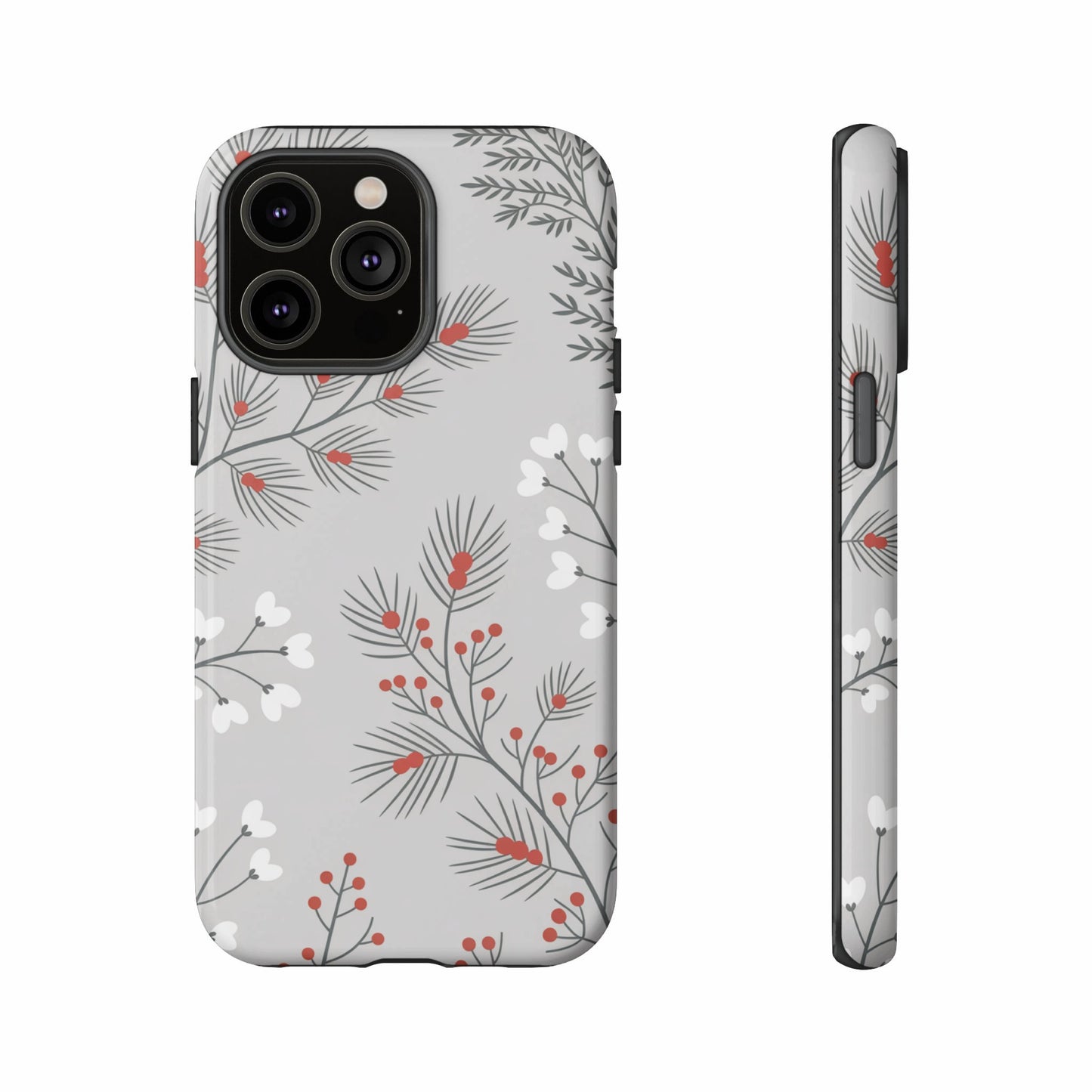 Gray phone case with a festive red berry and pine needle botanical pattern.