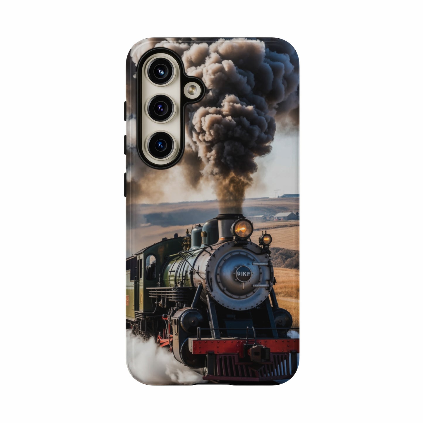 Green steam locomotive with smoke billowing from smokestack.