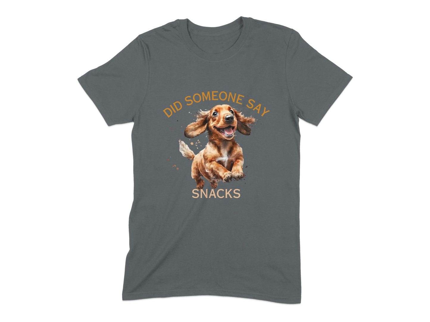 Dachshund dog jumping with "DID SOMEONE SAY SNACKS" text.