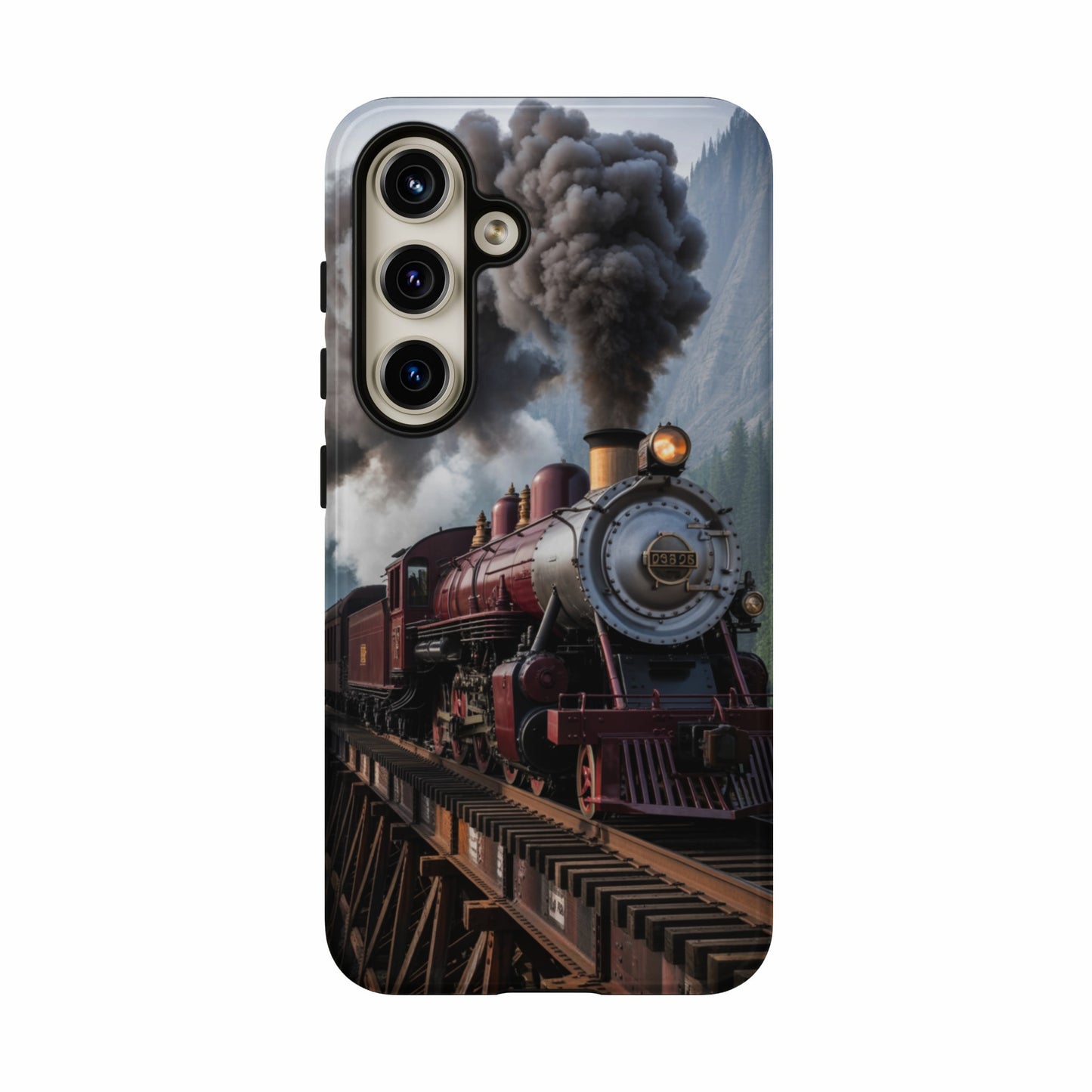 Red steam train with smoke on a bridge, mountains in background.