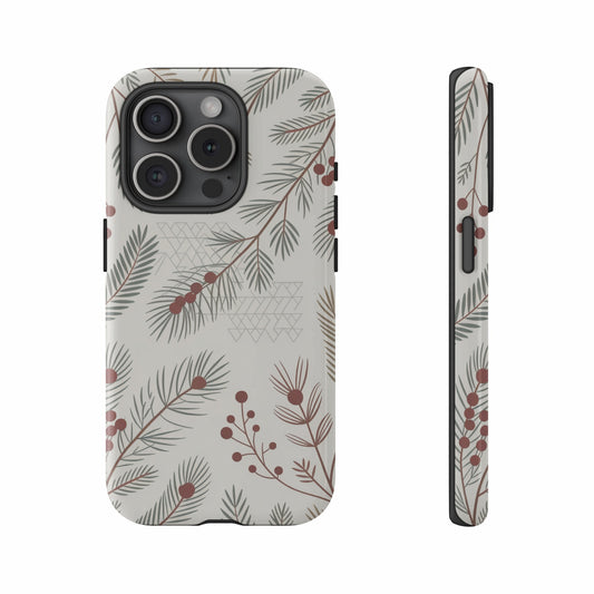 Phone case with pine needles and red berries pattern, front and side views.