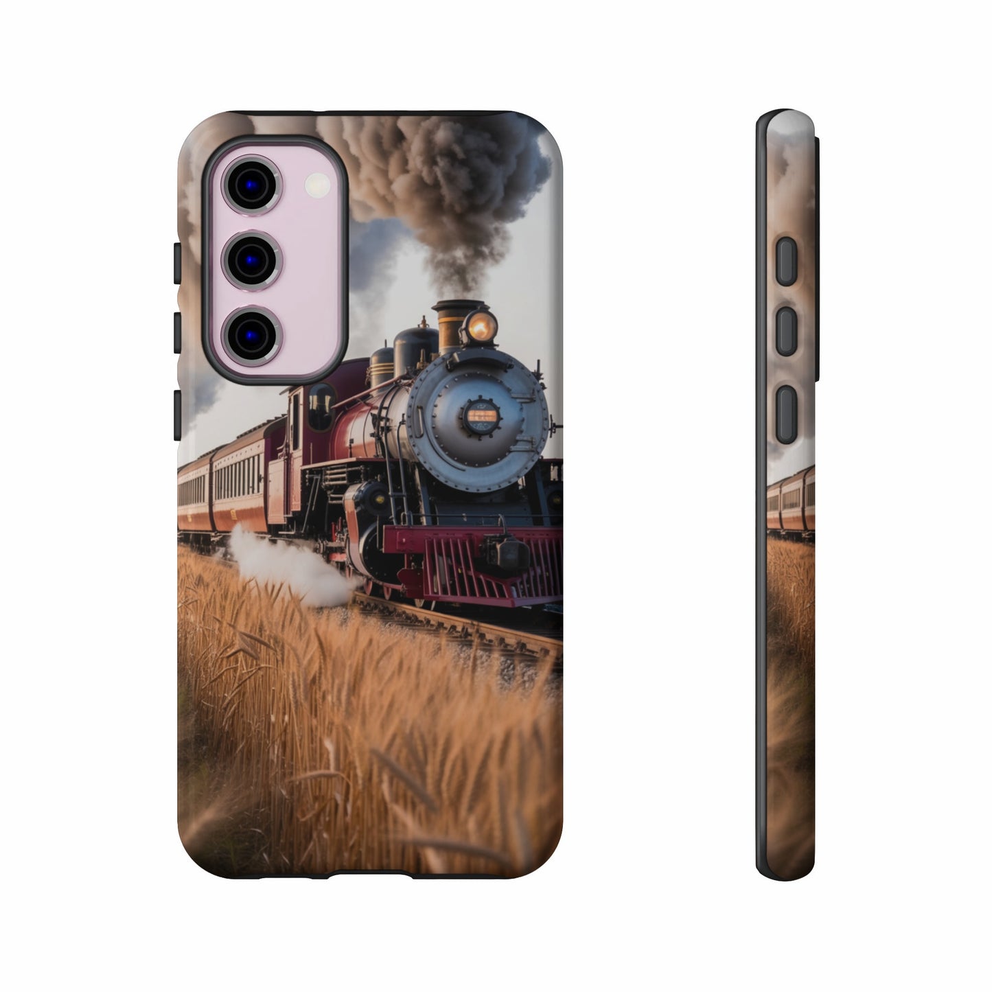 Red steam train with smoke traveling through a field of wheat.