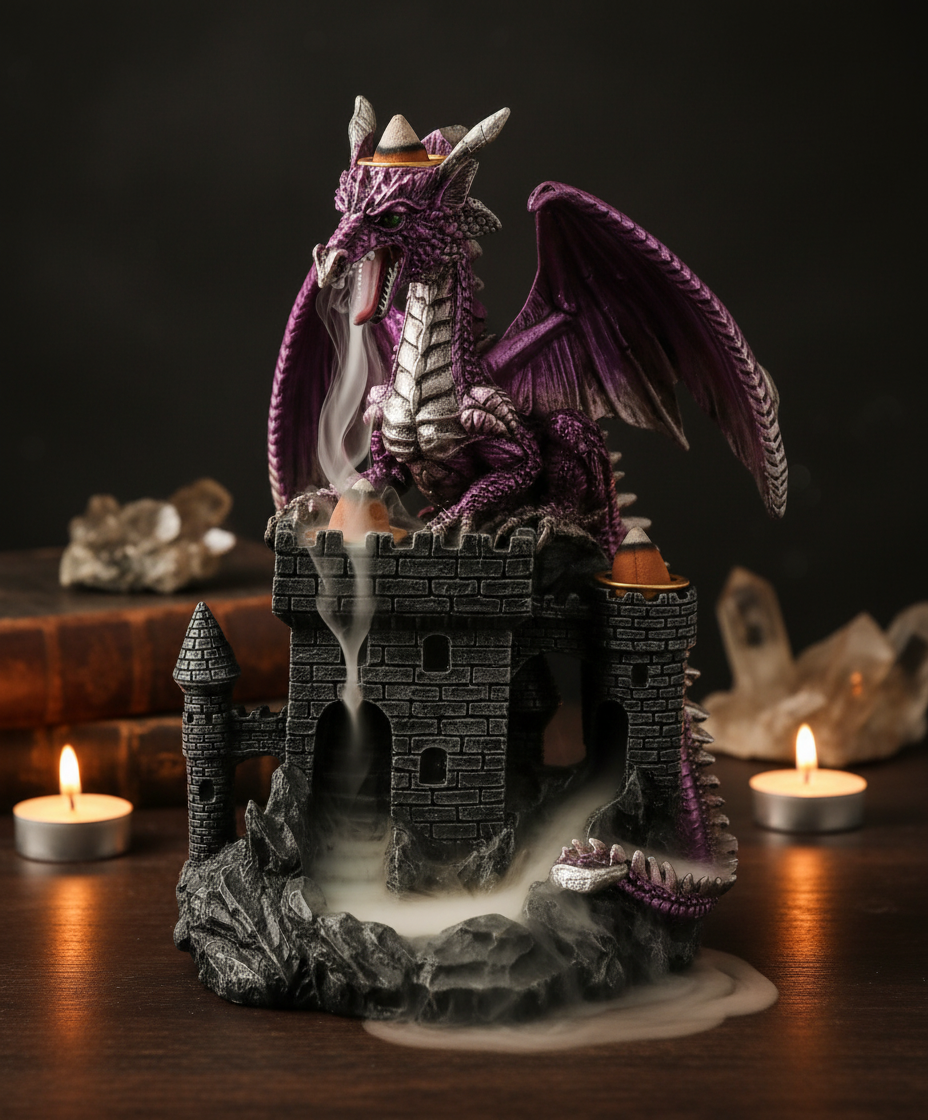 Dragon Castle Backflow Incense Burner with smoke