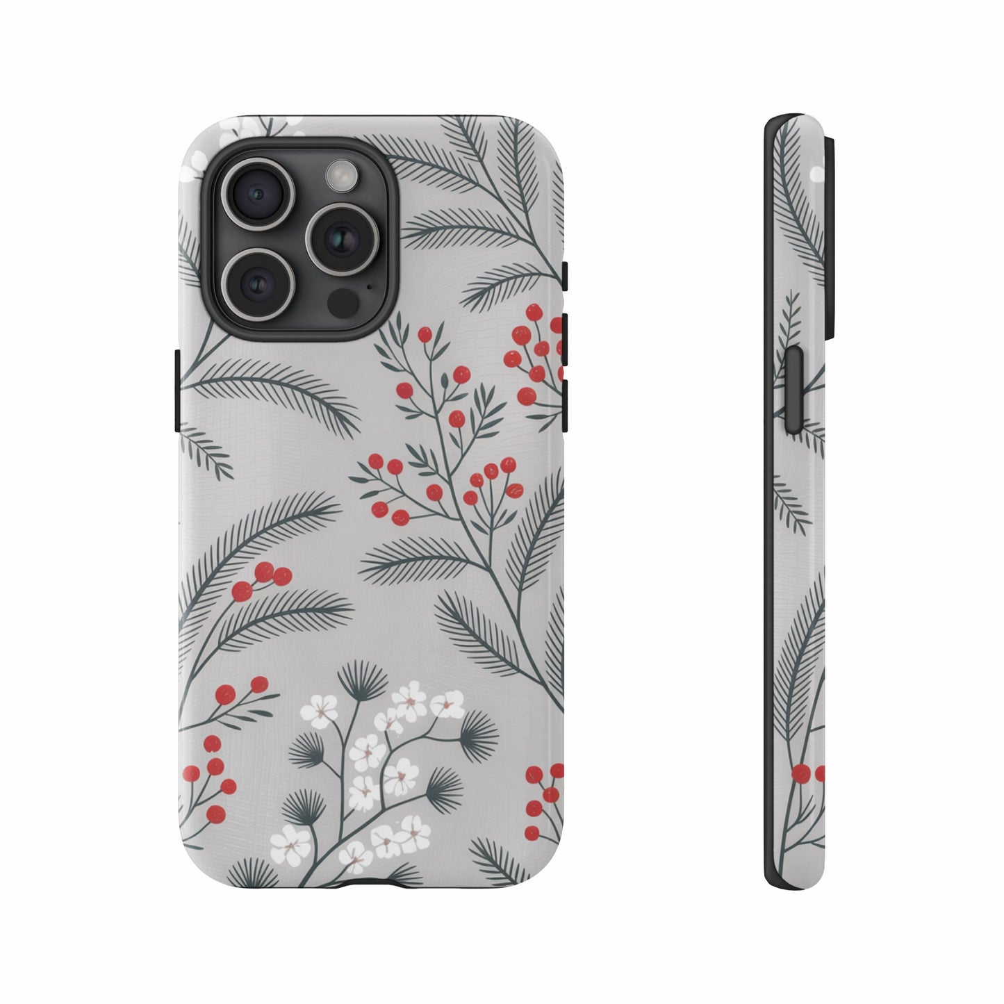 Gray phone case with red berries and white flowers on branches.