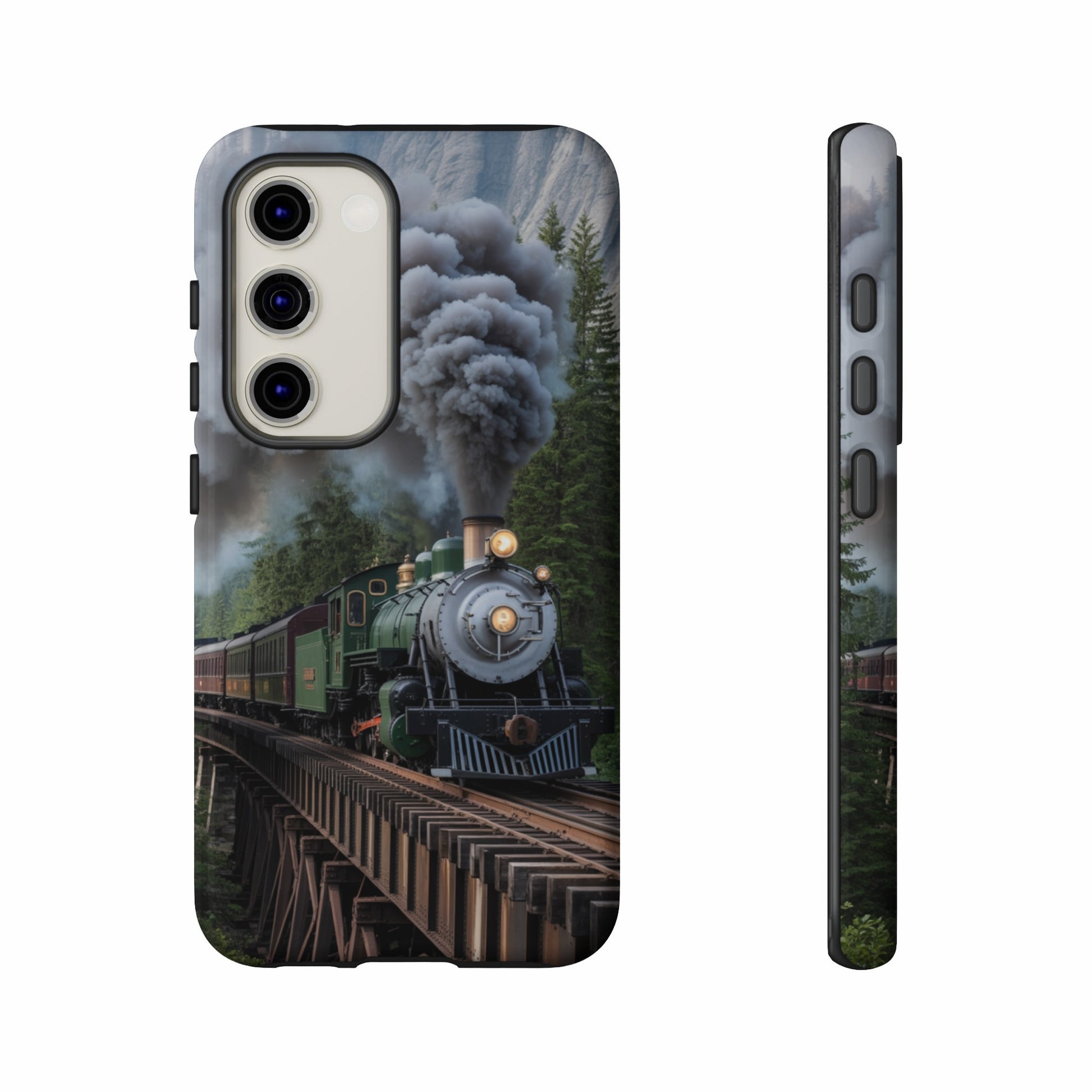 Vintage steam train crosses a wooden trestle bridge.