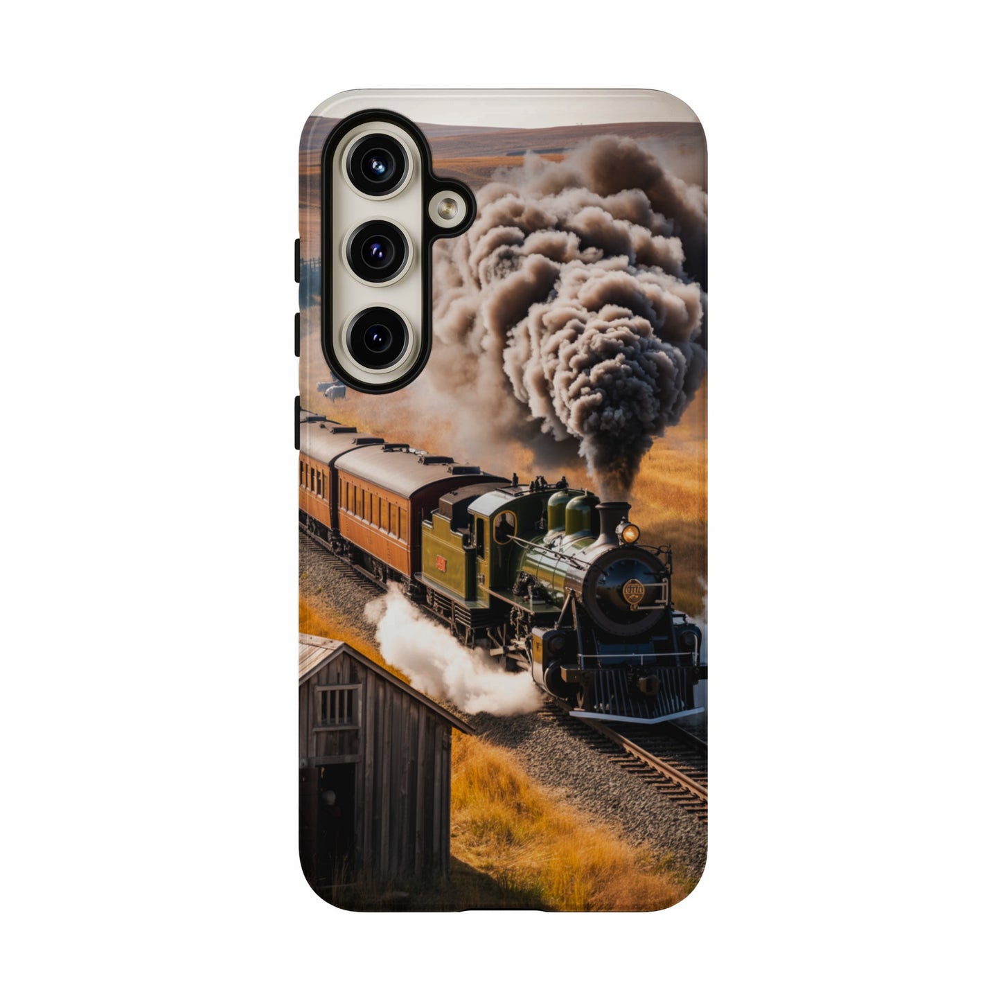 Green steam locomotive pulling train cars with smoke billowing out.