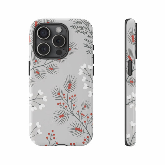 Phone case with a subtle white and gray pine sprig pattern.