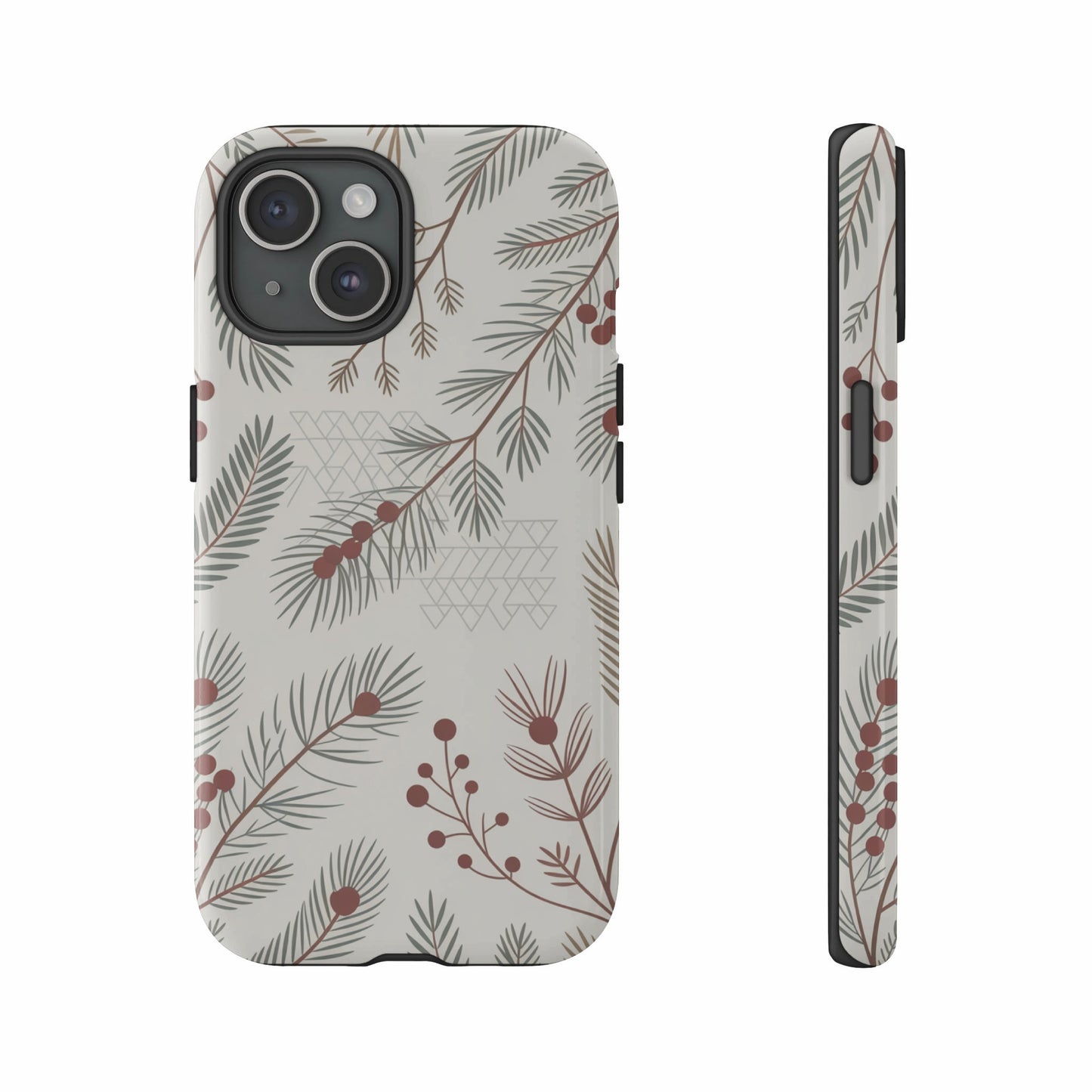 Phone case with a Christmas tree branch and berry pattern.
