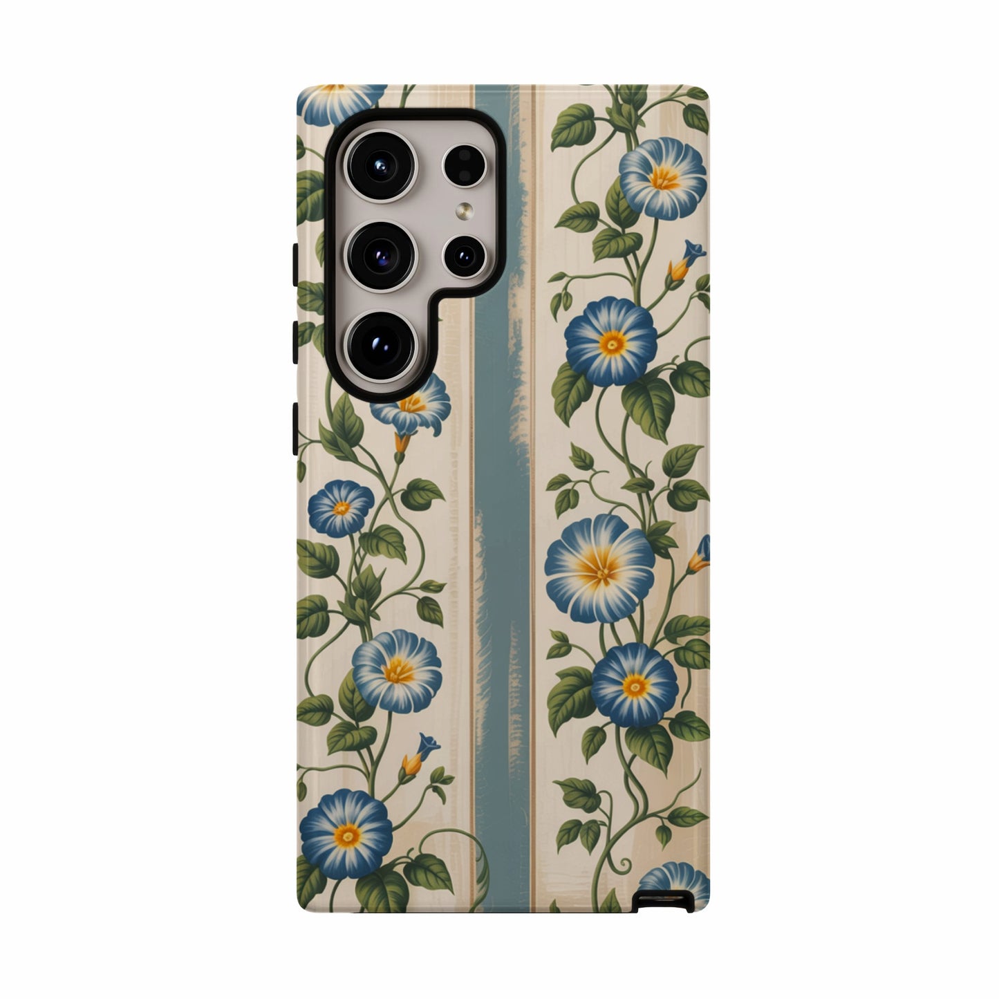 Phone case with blue morning glory flowers on a beige and white striped background.