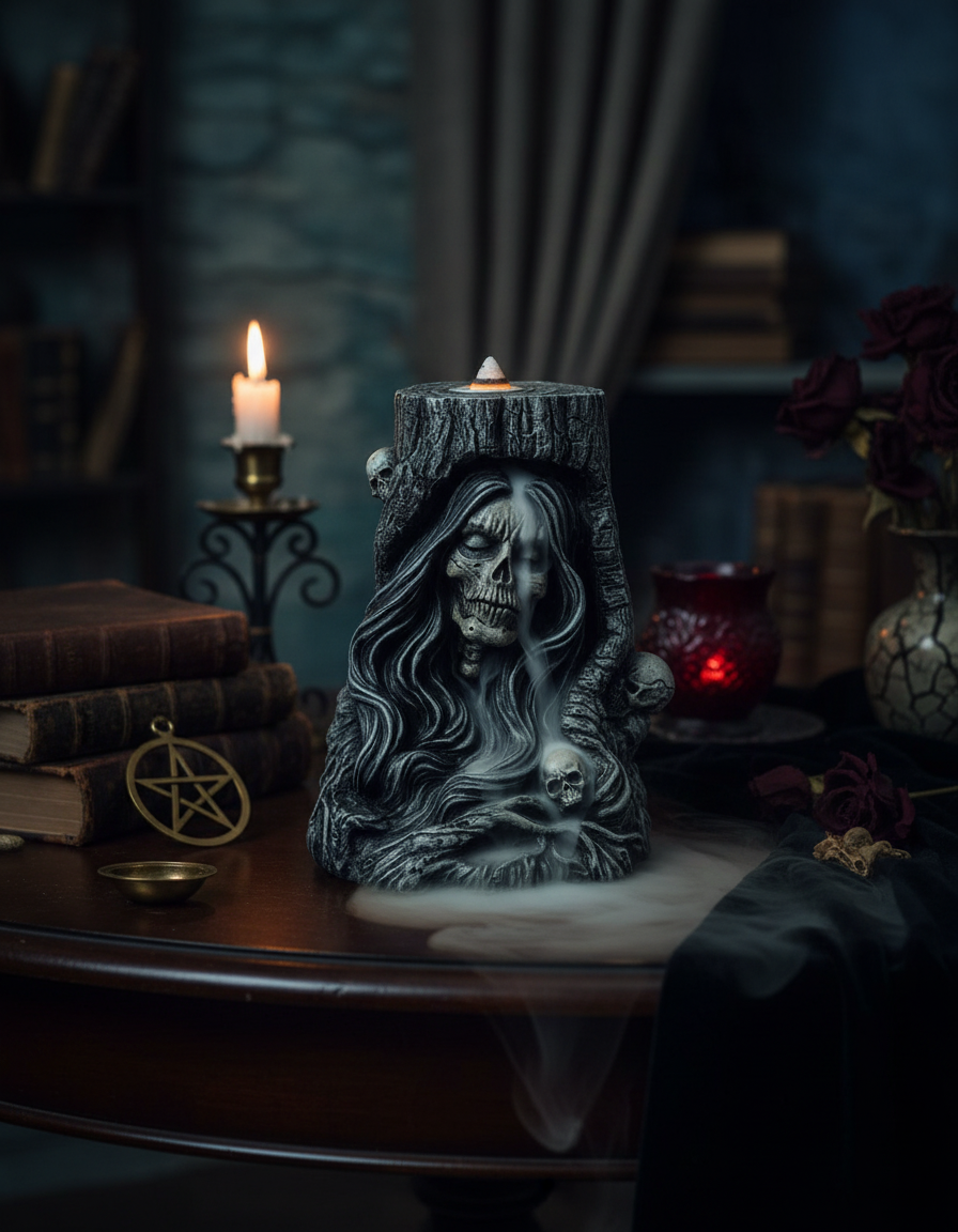 Female Reaper Incense Burner in use with smoke