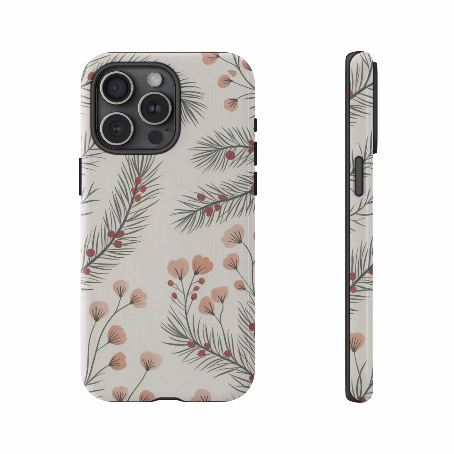 Phone case with a floral and pine branch pattern on a neutral background.