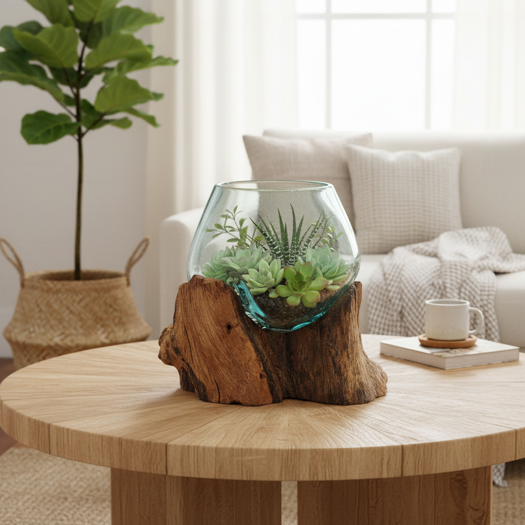 Glass Vase on Wood Base Lifestyle