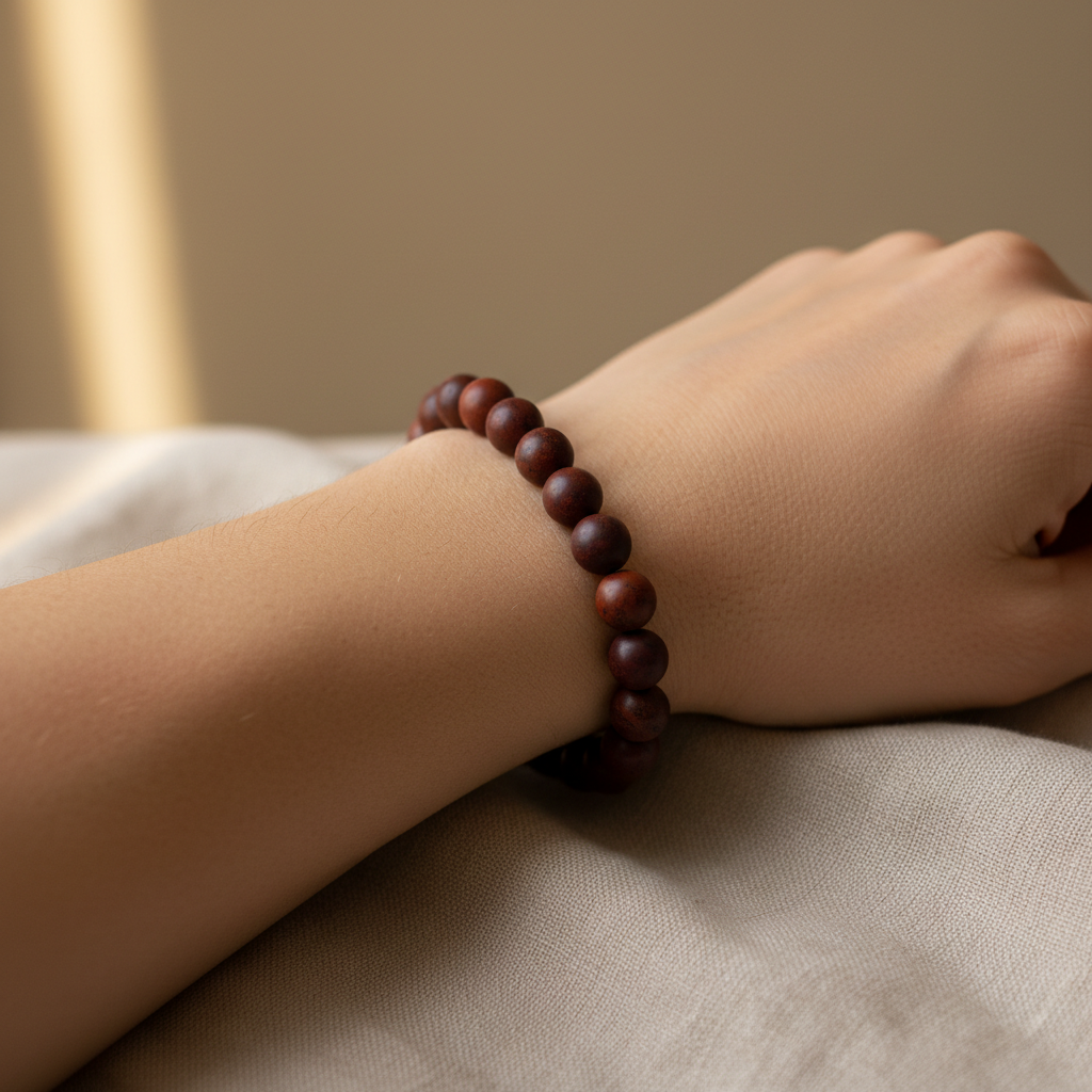 Person wearing dark red jasper crystal healing bracelet on wrist in natural lighting