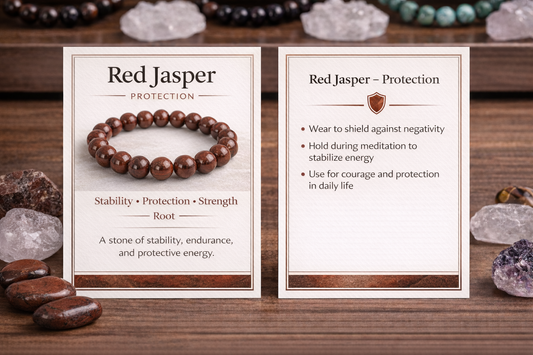 Red Jasper bracelet with information card on a wooden surface with stones.