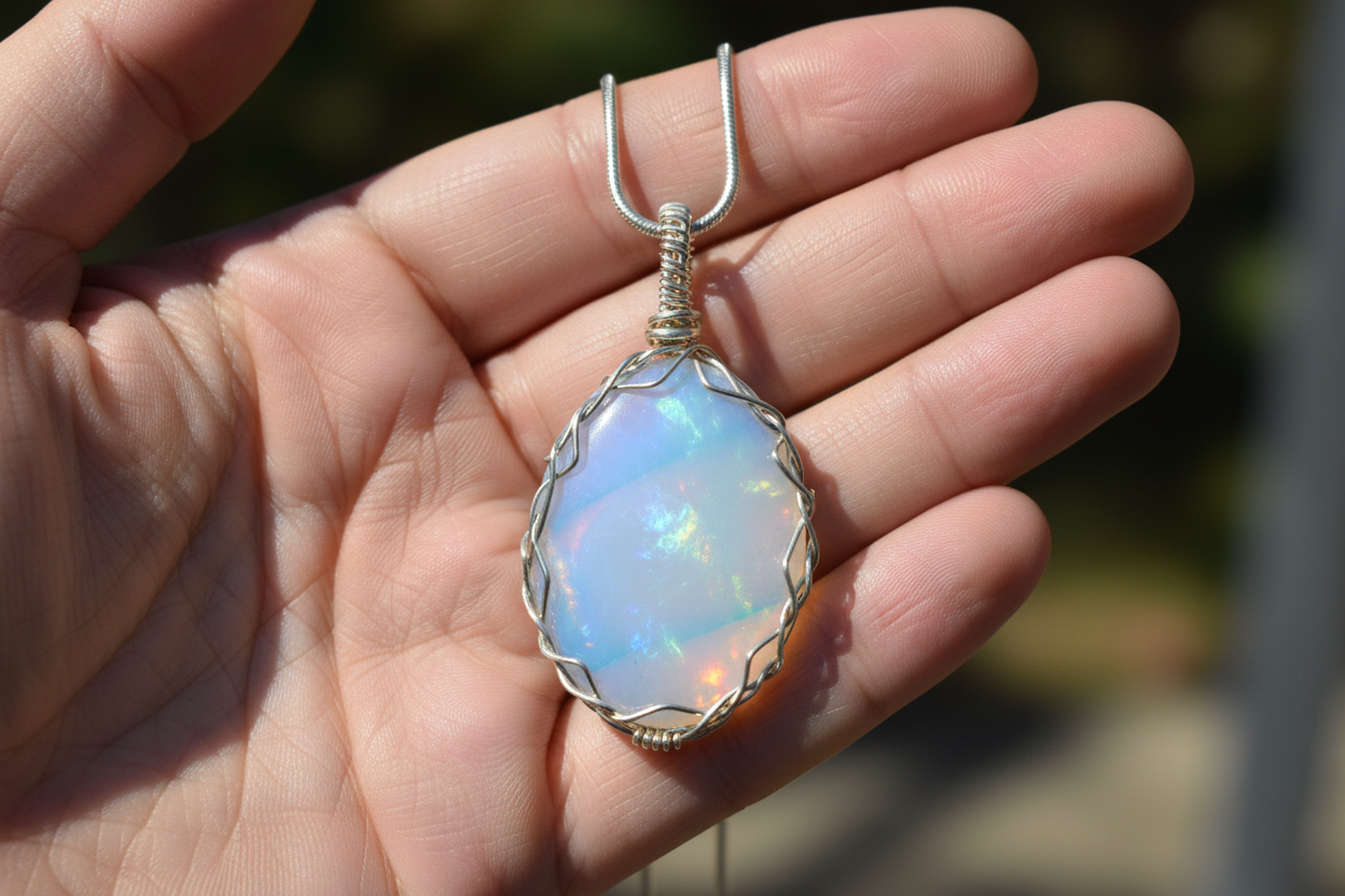 Wire-wrapped opalite pendant held in hand showing luminous translucent quality and iridescent shimmer