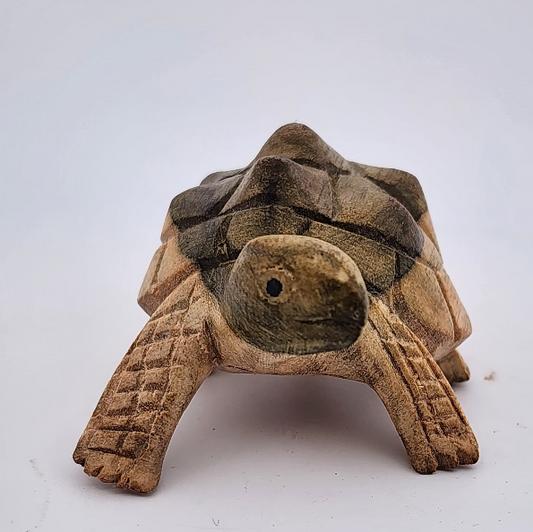 Wooden turtle figurine on a white background